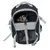 Sac à dos de transport noir et gris avec un petit chien visible à l’intérieur, parties en maille pour aération, poignées et sangles ajustables.