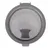 Round grey sieve with fine mesh and central opening, suitable for separating materials or liquids.