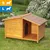 Niche pour chien en bois avec toit incliné, entrée en arche. Icônes tailles S et L indiquées en haut à gauche.