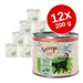 Lot de 12 boîtes Feringa Classic Meat pour chat adulte, Rabbit & Turkey with sea buckthorn & catnip, 200 g chacune. Texte visible : HOMEMADE TASTE BEGINS WITH LOVE.