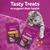 whiskas Groom & Care és Relax & Unwind jutalomfalatok csomagolás, 45 g, macskával. Felirat: Tasty Treats to support their health.