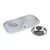 Feeding bowl set with white plastic holder, two inserts and removable stainless steel bowl.