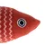 Rotes Stoffspielzeug in Fischform mit gesticktem Auge und Zickzack-Muster.