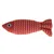 Rotes Stoffspielzeug in Fischform mit Zickzack-Muster und gesticktem Auge.