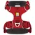 Ruffwear dog harness in red with reflective stripes, ID pocket and sturdy buckles. Logo with dog image visible.