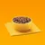 Bowl filled with chunks of wet pet food in gravy, placed on a folded yellow napkin against an orange background.