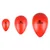 Three red drop-shaped toys with Flamingo logo, shown in small, medium and large sizes.