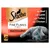 Sheba Fine Flakes in Jelly Succulent, with Beef, Lamb, Turkey, Chicken, pack of 12. Image shows a grey cat lying down and product branding.