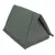 Tienda para mascotas triangular y plegable de tela verde con lados acolchados y interior negro.