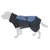Dog coat in black and blue with adjustable closure, suitable for various sizes. Coat features protective design for the dog's body.