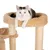 Cat tree with beige plush cover and sisal posts, top lying surface with cat on it.