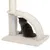 Chaton gris assis sous un griffoir en arc recouvert de tissu et sisal, avec brosse verticale blanche sur la base beige.