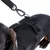 Nahaufnahme eines schwarzen Hundes mit einem schwarzen Geschirr und Karabinerhaken. Das Geschirr hat einen Klickverschluss und orangefarbene Akzente.