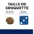 Taille de croquette : croquette ronde de 12,5 mm à côté d’un dé bleu de 16 mm pour comparaison visuelle.