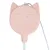 Toy in cat head shape made of pink plastic with integrated smiling face and stick holder.
