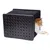 Black cat cave with square ventilation holes, cat stretching paw out of the entrance.