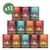 Multipack of 12 tins showing four varieties: Cottage Pie, Wild Campfire Stew, Fishy Fish Pie, and Sunday Lunch. Each tin displays the product name and variety.