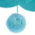 Light blue pompom made of soft fabric, attached to a string. Suitable as a toy or decoration.