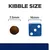 Kibble size comparison showing a 7.5mm round kibble next to a 16mm dice for reference.