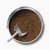 Bucket with brown dry food pellets and grey food scoop. Shows quantity and shape of the food.