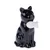 Figurine en céramique noire représentant un chat assis tenant un poisson blanc dans sa bouche.