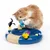 Cat toy: blue round circle with sisal surface, colourful plush mouse and butterfly. Cat interacts with butterfly.