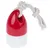 Jouet pour animal en plastique rouge et blanc, forme cylindrique avec corde épaisse blanche nouée passant dans un trou sur le dessus. Aucun texte ou marque visible.