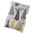 Petit coussin rectangulaire en tissu décoré de motifs sapins noirs, dorés et gris sur fond blanc. Aucun texte ou marque visible.