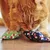 Gatto rosso gioca con due giocattoli di stoffa verdi e blu, decorati con motivi di pupazzo di neve.