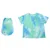 Set composto da T-shirt batik blu-verde e maglietta per cane abbinata. Entrambe con piccolo logo visibile in basso a sinistra.