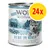 Pack of 24 cans, 800g each. Label shows 100% grain-free chicken and salmon with fruits of the forest, roots and wild herbs. Product name: Blue River Junior.
