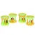 Four plastic toys in yellow and green with integrated red balls. Suitable for interactive play.