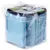 Bolsa de transporte transparente con cremallera que contiene un producto azul rectangular. Etiqueta verde visible en la parte superior, sin texto legible ni marca identificable.