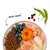 Teller mit Trockenfutter, Blaubeeren, Hähnchenstücken, weißem Fisch, orangefarbener Blüte. Daneben Erbsenschote und Cranberries. Text: nom nom! Teller mit Trockenfutter, Blaubeeren, Hähnchenstücken, weißem Fisch, orangefarbener Blüte. Daneben Erbsenschote und Cranberries. Text: nom nom!