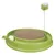 Gioco per gatti con base circolare verde in plastica, centro in cartone ondulato, pallina bianca laterale e molla con pompon verde e bianco.