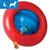 Red and blue treat dispensing toy with food pieces falling out, size L indicated in top left corner with a dog silhouette. Red and blue treat dispensing toy with food pieces falling out, size L indicated in top left corner with a dog silhouette.