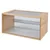 Terrario rectangular con laterales de madera clara, panel frontal y base de cristal, parte superior de rejilla metálica para ventilación.
