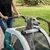 Hund sitzt in einem weissen und grünen Hundewagen mit Netzabdeckung, Marke Nomad Tales. Person schiebt den Wagen auf einem Weg im Park.