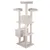 Tiragraffi beige a più livelli con colonne in sisal, tre piattaforme quadrate, due cubi e topolini gioco appesi. Struttura in tessuto e sisal visibile.
