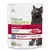 Natural Trainer ADULT (1+) with Tuna, храна за котки. Safe Transition. Made in Italy. Изображение на сива котка и парче риба тон върху дъска.