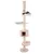 Cat tree with multiple levels, including cave, hammock and resting areas. Beige fabric cover. Cat visible on top resting area.