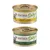 Twee blikken almo nature Daily mousse: boven met kip ('with chicken'), onder met tonijn en kip ('with tuna and chicken'). Beide blikken tonen katillustratie en merknaam.