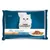 Pachet hrană umedă pentru pisici Purina Gourmet Perle, 4 x 85 g. Text vizibil: Erlesene Streifen, mit Truthahn, mit Ente, mit Thunfisch, mit Lamm. Imagine cu felii de carne în sos.