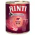 RINTI Singlefleisch Rind Pur -koiranruokapurkki, etiketissä naudanlihan kuva ja tekstit: 1 Protein Single, getreidefrei.