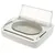 Automatic pet feeder with a transparent lid in open position, showing an empty food bowl inside the device.