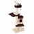 Multi-level cat tree with platforms, hammock, cushioned beds, enclosed hideaway and scratching posts. A cat is sitting on the top bed. Hanging pompom toys are attached.