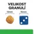 Velikost granulí: porovnání granule o průměru 12 mm a modré kostky o hraně 16 mm. Nápis 'VELIKOST GRANULÍ'.