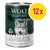 Wolf of Wilderness The Taste of the Mediterranean, 12 x 400 g, 100% grain-free recipe, z jagnięciną, kurczakiem, pstrągiem i czarnym bzem. Widoczna puszka karmy.