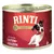 RINTI GOLD hundmatburk, text: 'MIT ECHTEN ENTENHERZEN', bild på liten svartvit hund. Metallburk med röd etikett.