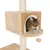 Cat tree with beige plush cover, cave and play ball. Cat looking out from the cave.